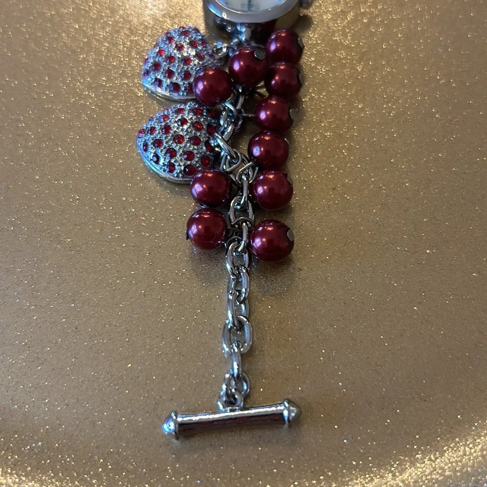 Quartz Watch Bracelet with Red Beads & Hearts on Silver Chain; Watch not working
